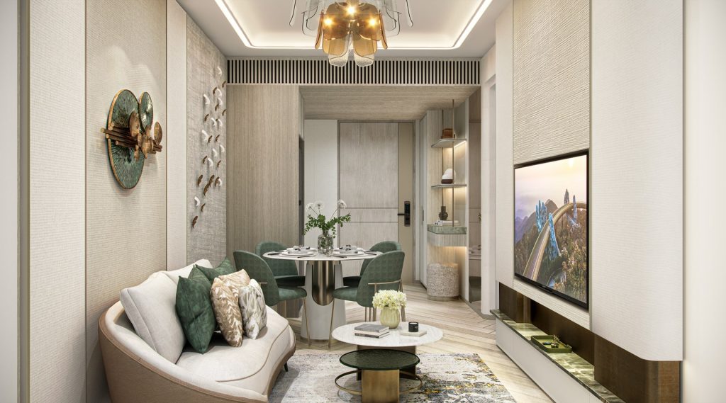 Nội thất căn hộ 1 phòng ngủ tại Sun Feliza Suites Xuân Thủy, thiết kế hiện đại với sofa cong, bàn tròn ăn 4 ghế, tường trang trí nghệ thuật, đèn trần độc đáo và tivi gắn tường, tạo nên không gian sống đẳng cấp và tiện nghi.