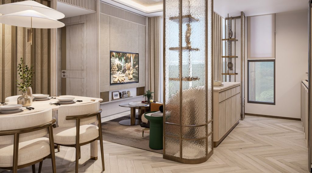 Nội thất căn hộ 2 phòng ngủ tại Sun Feliza Suites Xuân Thủy với khu vực bàn ăn 4 ghế, phòng khách ấm cúng, vách kính nghệ thuật phân tách không gian, cửa sổ lớn đón ánh sáng tự nhiên, sàn gỗ xương cá và tông màu be nhã nhặn.