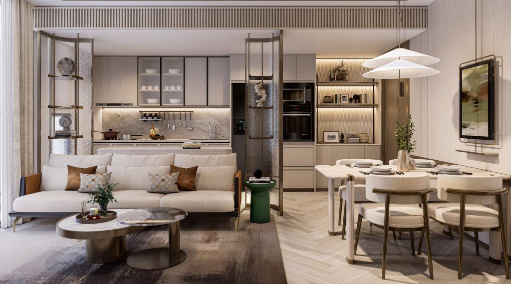 Phòng khách căn hộ 3 phòng ngủ Sun Feliza Suites Xuân Thủy với sofa sáng màu, bàn trà đôi kim loại, khu vực bếp liền kề hiện đại, bàn ăn 6 ghế, hệ tủ âm tường và đèn trang trí nổi bật. Thiết kế nội thất tinh tế với gam màu trung tính và ánh sáng ấm.