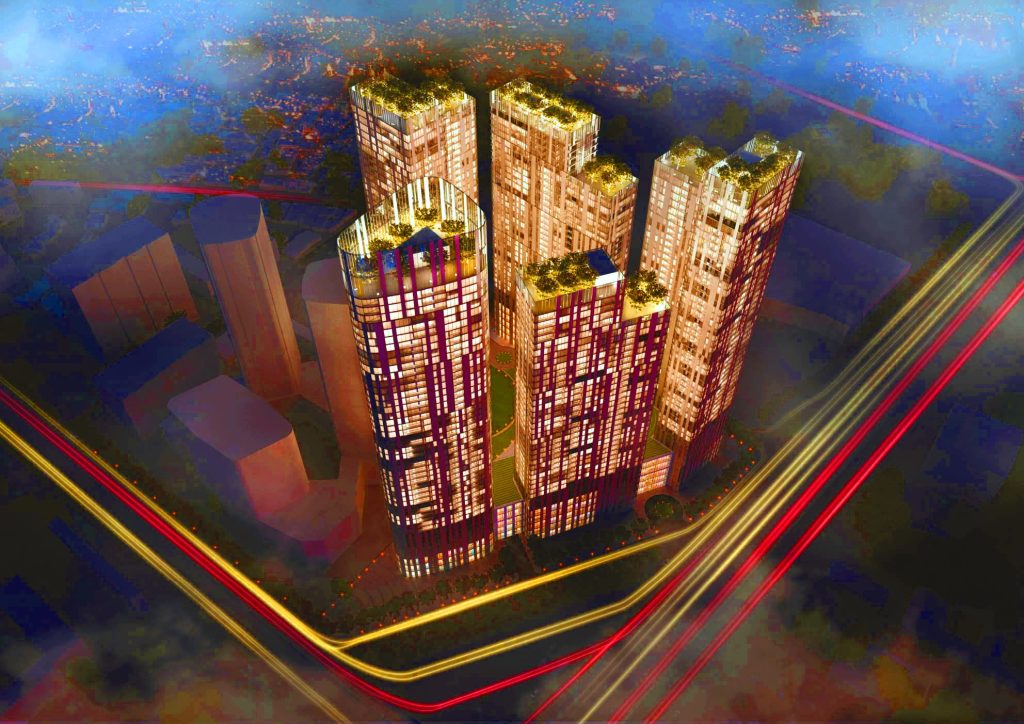 Phối cảnh tổng thể dự án Sun Feliza Suites Xuân Thủy tại Cầu Giấy Hà Nội với hệ thống tòa tháp cao cấp, thiết kế hiện đại, nổi bật ánh sáng về đêm.